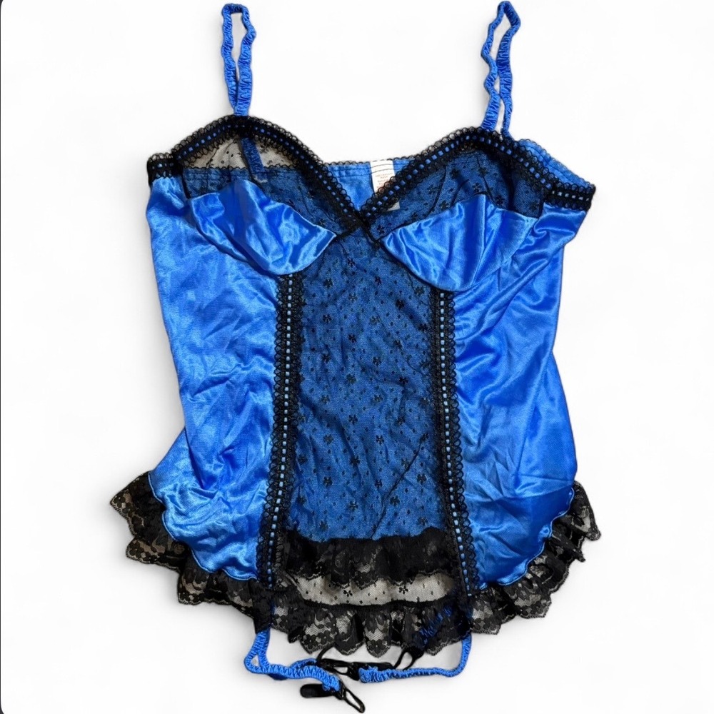 Unbranded Lingerie Camisole Womens M Blue Black Lace Trim Garter Straps USA